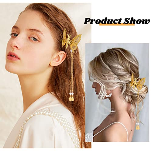 DEEKA Moving Tassel Butterfly Hair Clips 4 PCS 3D Metal Gold Moving Wings Butterfly Hairpins Bride Wedding Hair Accessories Barrette for Women and Girls -Gold - color: Gold with Tassel