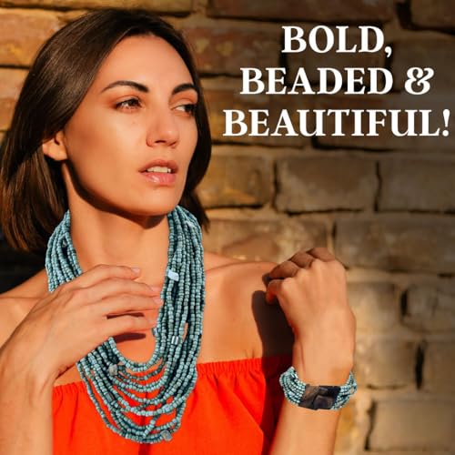 Shop LC Seed Bead Necklace Bracelet Set Boho Jewelry for Women | Multi Layered Boho, Wooden Clasp, 18 Inch Necklace, Stretchable Bracelet - color: Green