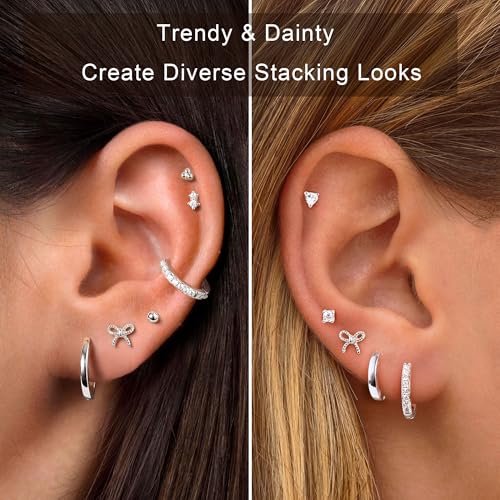 M MOOHAM 9 Pairs Flat Back Earring Stack Set for Women Teen Girls | Hypoallergenic Earrings, 14K Gold Plated Huggie Hoop Stud Earring, Small Cute Bow Cartilage Earrings, Trendy Jewelry Gifts - color: Silver