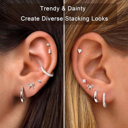 M MOOHAM 9 Pairs Flat Back Earring Stack Set for Women Teen Girls | Hypoallergenic Earrings, 14K Gold Plated Huggie Hoop Stud Earring, Small Cute Bow Cartilage Earrings, Trendy Jewelry Gifts - color: Silver