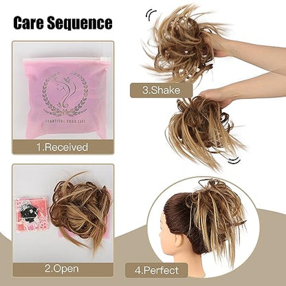 HMD Tousled Updo Messy Bun Hairpiece Hair Extension Ponytail for Women | Synthetic Hair Bun Extension with Elastic Rubber Band, Tousled Updo Messy Bun Hairpiece for Ponytail Styles Daily Party - color: Ash Blonde & Ash Medium brown