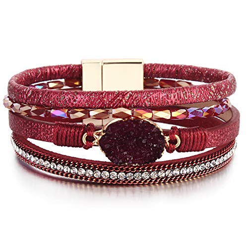 Boho Chunky Leather Wrap Bracelets Stackable Beaded Western Country Jewelry | Crystal Bead Trendy Layered Cuff Magnetic Clasp Stack Bohemian Statement Costume Outfits Cowgirl Fashion Hippie Accessories - color: Burgundy, size: 7.7"