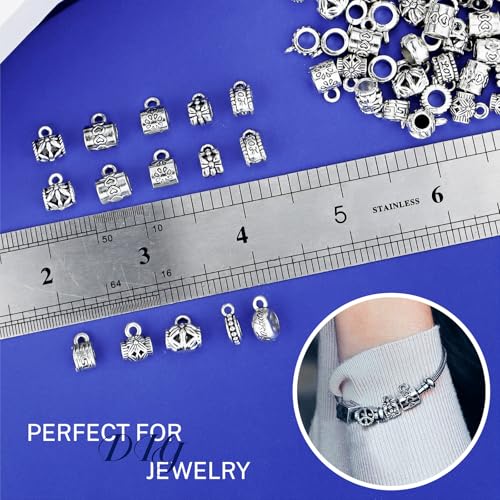 YETOOME 100 Pcs Antique Tibetan Silver Bail Beads, Loose Spacer Bead, Bead Hanger Charm for Jewelry Making DIY Necklace Bracelet, 10 Styles