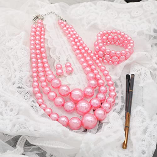Big Chunky Pearl Necklace and Earrings Set Large Costume 1920s Faux Pearls Gatsby Accessories - color: A-Pink