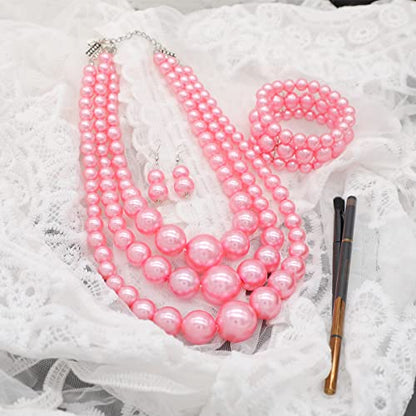 Big Chunky Pearl Necklace and Earrings Set Large Costume 1920s Faux Pearls Gatsby Accessories - color: A-Pink
