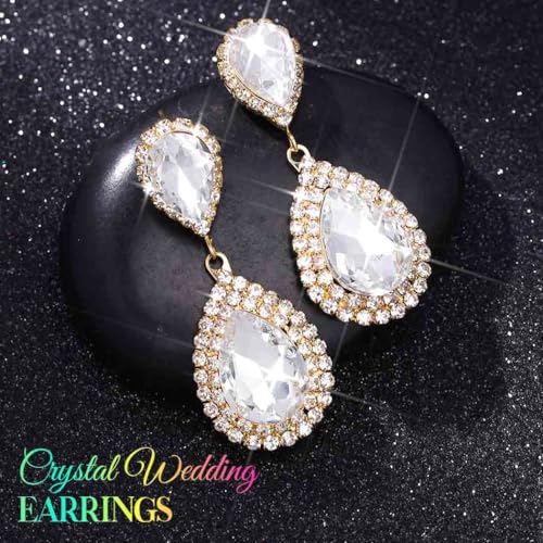 Catery Crystal Wedding Earrings Silver Rhinestone Ear Rings Teardrop Bridal Ear Jewelry for Brides and Women - color: Gold