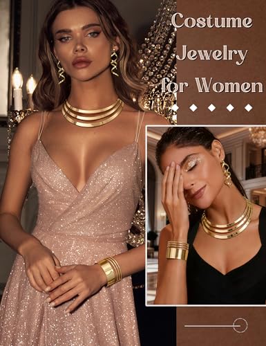 JOERICA Bib Choker Necklace Set for Women Wide Cuff Bangle Bracelets Long Statement Dangle Earrings African Costume Jewelry Set - color: Gold Tone