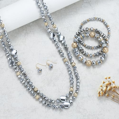 Trendy Infinity Wrap 60’’ Long Statement Necklace, Earrings and Bracelet Set - Hand Knotted Versatile Crystal and Shell Beads Strand Necklace and Chunky Beaded Stretch Bracelet Stack – Jewelry Set Gift for Women - color: Sparkly Silver and Gold