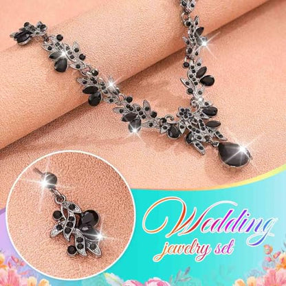 Rhinestone Bridal Wedding Jewelry Sets Gold Necklace Earrings Set Leaf Prom Formal Costume Jewelry Set for Women and Brides - color: Black