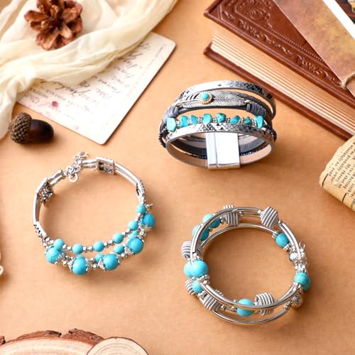Inbagi 3 Pcs Western Jewelry for Women Turquoise Bracelet Native American Jewelry Western Gift for Women Silver Bohemian Turquoise Cuff Bracelets(Vintage) - style: Vintage