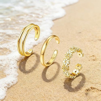 3Pcs Gold Toe Rings for Women,Trendy CZ Flower Toe Rings Silver Open Adjustable Band Ring Summer Foot Jewelry Accessories - color: flower cz
