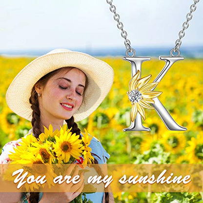 POPLYKE Initial Sunflower Necklace for Women 925 Sterling Sliver Sunflower Pendant Necklace Letter Initial Pendant Chain - style: Sunflower K