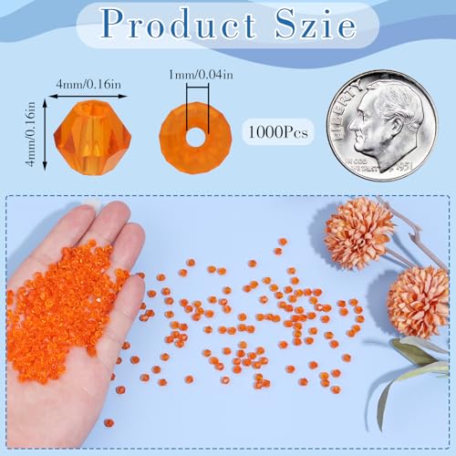 1000Pcs 4mm Faceted Crystal Glass Bicone Beads Loose Bead for DIY Bracelet Necklace Earring Keychain Jewelry Making,Orange - color: Orange