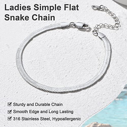Adjustbale Link Chain Anklet for Women Summer Jewelry, 316L Stainless Steel Figaro/Wheat/Twist Rope/Cuban Foot Bracelet-Waterproof, Resizable 9"-12" (Gift Box Included) - color: 6, Herringbone - Stainless Steel-5mm