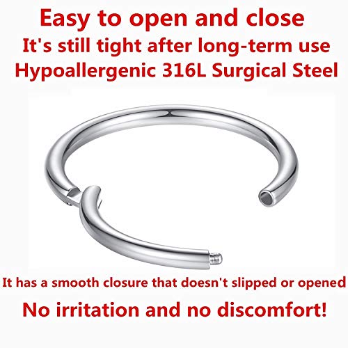 ORANGELOVE Hypoallergenic Nose Rings 20G 18G 16G 14G 12G 10G 8G 316l Surgical Steel Septum Jewelry Hinged Segment Ring Body Piercing Nose Hoop Lip Rings Nose Helix Cartilage Rook Earrings - color: Silver, size: 1pc 20 Gauge 8mm