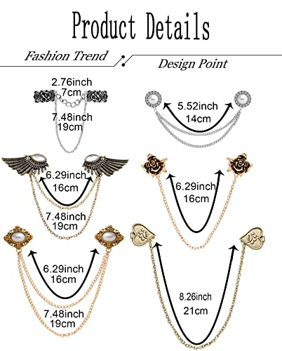 6 Pcs Antique Sweater Shawl Clip Chain Renaissance Style Rose Bowknot Brooch Flowers Wings Heart Cardigan Pin Gold sliver For Woman Men - style: A:6Pcs(Heart)
