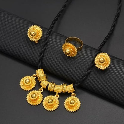 Ethiopian Traditional Jewelry | Eritrean Jewelry for Women Set | Ethiopian African Jewelry Wedding Sets Includes Cross Pendant Black Rope Earrings Ring Sets African Eritrean Religion - color: Black Rope 2