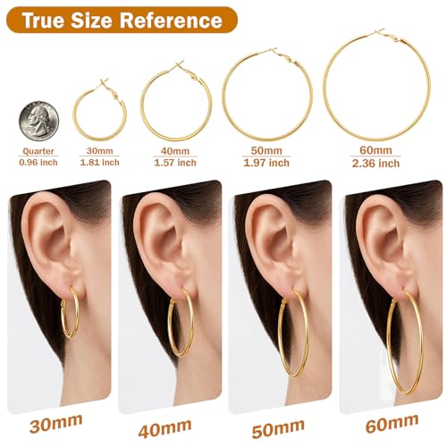 8 Pairs Gold Hoop Earrings for Women, 14K Gold Plated and Silver Hoops, Hypoallergenic Stainless Steel Classic Thin Large Set 30/40/50/60mm (1.18–2.36in) - color: 8 Pairs Gold/Silver-30/40/50/60mm