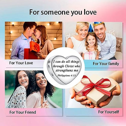 Bible Family Mom Wife Love Heart Dangle Charm 925 Sterling Silver Charms fits Bracelets and Necklace Pendant Bead Charms Jewelry Present for Women Family Friends - style: Bible - I can do all things through Christ charm