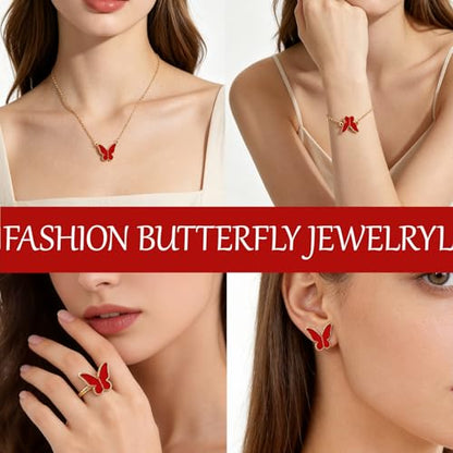 Butterfly Jewelry Set, Including Butterfly Necklace, Bracelet, Stud Earrings, and Adjustable Ring for Women - color: Red