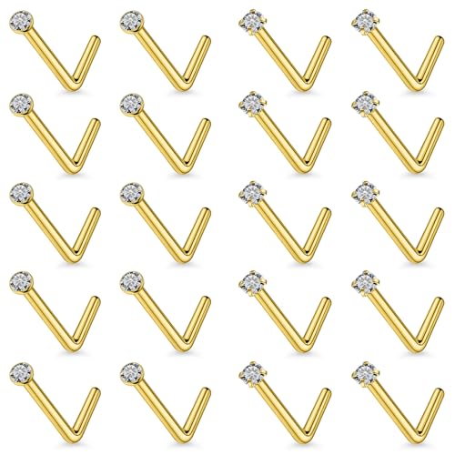 20Pcs Nose Rings Studs Surgical Steel L-Shape Nose Rings for Women 1.5mm 2mm Cubic Zirconia Nose Screw Studs Hypoallergenic Nose Piercings Jewelry 24g 22g 20g 18g - color: L-shape,goldtone, size: 18g,1.5mm CZ