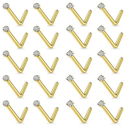 20Pcs Nose Rings Studs Surgical Steel L-Shape Nose Rings for Women 1.5mm 2mm Cubic Zirconia Nose Screw Studs Hypoallergenic Nose Piercings Jewelry 24g 22g 20g 18g - color: L-shape,goldtone, size: 18g,1.5mm CZ