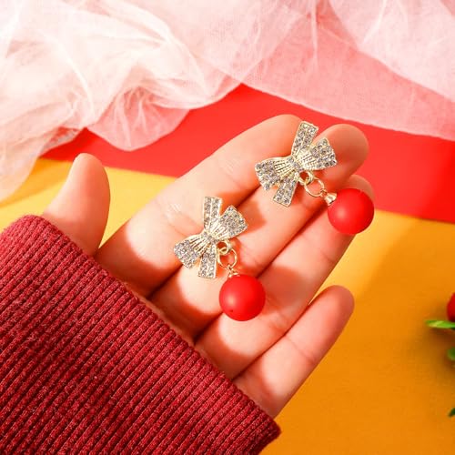 Pearl Bow Earrings for Women Coquette Aesthetic Jewelry Rhinestone Bow Earrings for Bridesmaids Wedding Party Accessories Bridal Costume Accents Bowknot Themed Gifts - color: C1: Red Pearl Bow Earrins