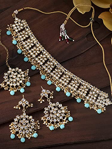 Aheli Elegant Indian Faux Kundan Studded Choker Necklace with Maang Tikka Set Ethnic Wedding Wear Bharatanatyam jewellery set Gift for Women - color: Sky Blue