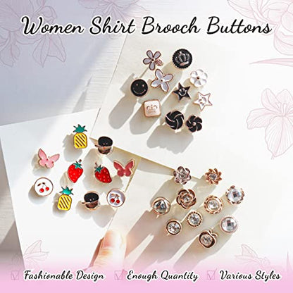 Women Shirt Brooch Buttons, LEEFONE 30 PCS Mini Cover up Button Pins, Cute Enamel Lapel Pin Set, Cardigan Collar Safety Brooch Buttons for Women Clothing Dress Supplies DIY Crafts (Style 1)