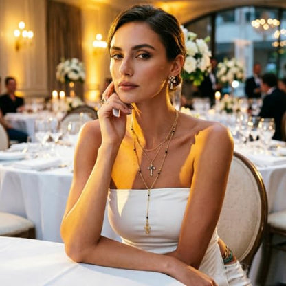 3 Pcs Long Y-Shaped lariat Necklace, Cross Pendant Drop Chain Layered Pearl,Beaded Shell Leaf Necklaces for Women Daily,Summer Beach Holiday,Party