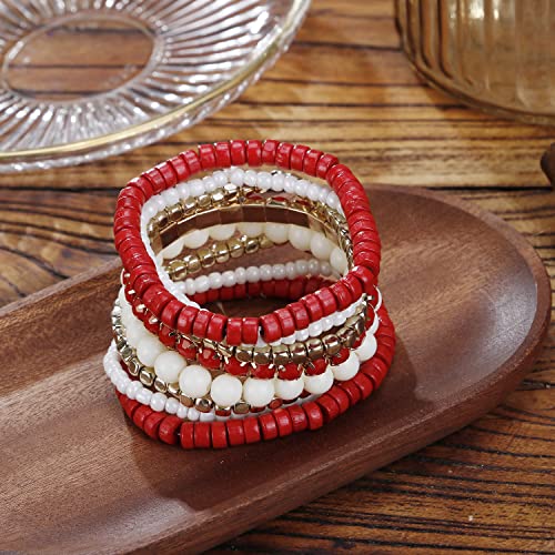 LUREME Boho Multi Strand Stackable Stretch Bracelet Set Wooden Cube Alloy Bead Bangle bl003172 - color: Red