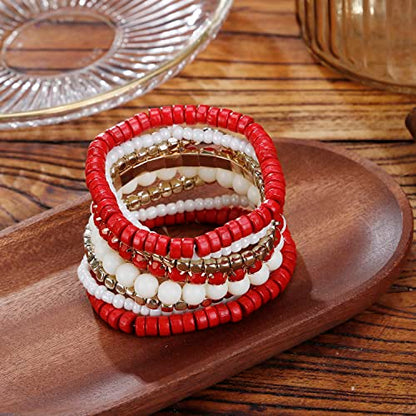 LUREME Boho Multi Strand Stackable Stretch Bracelet Set Wooden Cube Alloy Bead Bangle bl003172 - color: Red