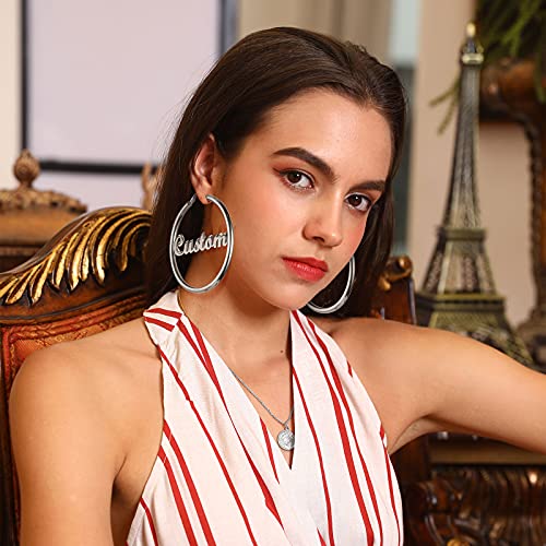 FindChic Hoop Earrings for Women, Silver/Black/14K Gold Plated Hypoallergenic Hollow Round Tube Loop Earrings, 20mm/30mm/40mm/60mm/80mm Chunky Hoops with Custom Name Options & Gift Box - color: e.Silver (Custom Name), size: 80MM