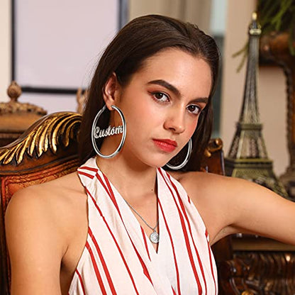 FindChic Hoop Earrings for Women, Silver/Black/14K Gold Plated Hypoallergenic Hollow Round Tube Loop Earrings, 20mm/30mm/40mm/60mm/80mm Chunky Hoops with Custom Name Options & Gift Box - color: e.Silver (Custom Name), size: 80MM
