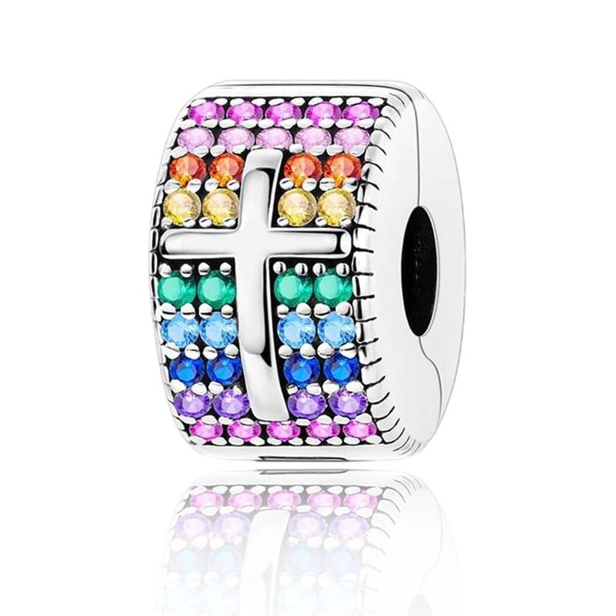 925 Sterling Silver Openable Clip Spacer Bead Fits Pandora Bracelet | Hypoallergenic Clip Stopper Charm, Star Clover Butterfly Floral Mom Heart Paved Zircon Gift for DIY Charm Bracelet Jewelry - color: Rainbow Zircon Cross