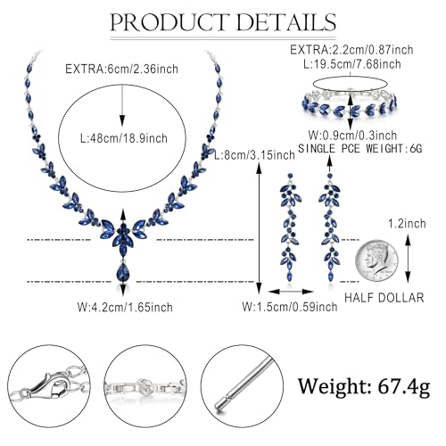 EVER FAITH Marquise Crystal Leaf Bridal Prom Jewelry Set for Women Bride | Rhinestone Wedding Party Necklace Dangle Earrings Tennis Bracelet, for Bridesmaid - color: Sapphire Blue