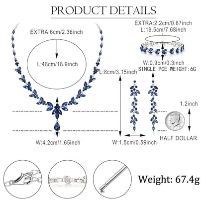 EVER FAITH Marquise Crystal Leaf Bridal Prom Jewelry Set for Women Bride | Rhinestone Wedding Party Necklace Dangle Earrings Tennis Bracelet, for Bridesmaid - color: Sapphire Blue