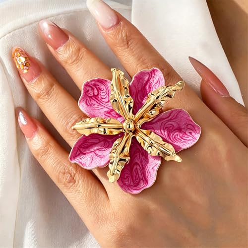 Retro Large Gold Leaves Black Red Enamel Flower Ring for Women Jewelry Gift | Bold Oil Drip Light Red Floral Irregular Petals Statement Gold Leaf Joint Finger Ring Punk Vacation Y2k Party Boho Accessory - color: Red