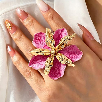 Retro Large Gold Leaves Black Red Enamel Flower Ring for Women Jewelry Gift | Bold Oil Drip Light Red Floral Irregular Petals Statement Gold Leaf Joint Finger Ring Punk Vacation Y2k Party Boho Accessory - color: Red