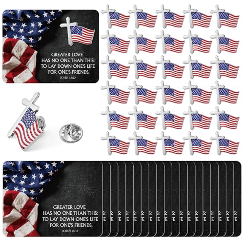 Sayglossy 30 Sets Christian 4th of July American Flag Pins with Card Patriotic USA Flag and Cross Lapel Pins Bulk with Bible Verse Cards Religious Military for Independence Day Veterans 250th Gifts - style: Usa Flag