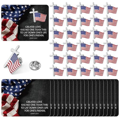 Sayglossy 30 Sets Christian 4th of July American Flag Pins with Card Patriotic USA Flag and Cross Lapel Pins Bulk with Bible Verse Cards Religious Military for Independence Day Veterans 250th Gifts - style: Usa Flag