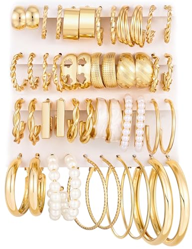 Gold Hoop Earrings Set for Women, 18 Pairs Hypoallergenic Statement Open Pearl Hoops Earring for Multipack, Gold Chunky Hoop Earrings for Women Trendy Jewelry - color: Gold-24 Pairs