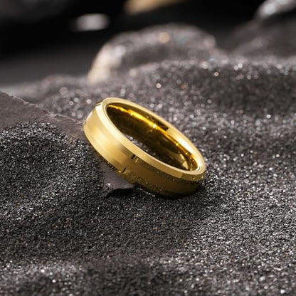 King Will Classic Tungsten Carbide Ring Brushed Two Grooved Center Hammered Design Mens Wedding Band for Men | Black/Silver/Gold, 8mm, Men's Wedding Band, Grooved, Comfort Fit, Everyday Wear - color: A-Gold 6mm