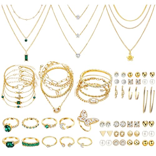 NEWITIN 49 Pieces Gold Jewelry Set for Women Fashion Costume Jewelry Gold Plated Necklace Bracelet Ring Earrings Set for Women - color: Gold Jewelry Set C