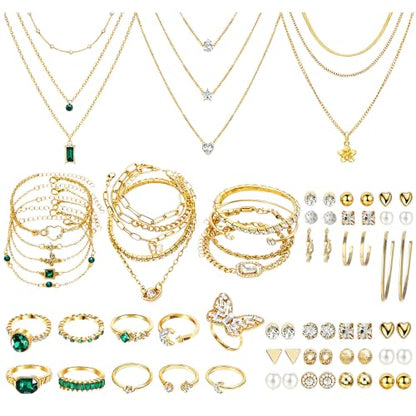 NEWITIN 49 Pieces Gold Jewelry Set for Women Fashion Costume Jewelry Gold Plated Necklace Bracelet Ring Earrings Set for Women - color: Gold Jewelry Set C