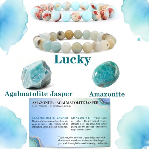 4mm 6mm 8mm Healing Crystal Bracelets for Women Men Natural Stone Beaded Stretch Bracelet Handmade Gemstone Reiki Spiritual Jewelry Gifts - color: Amazonite+Agalmatolite Jasper-Lucky, size: 8mm