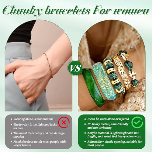 Acrylic Resin Bangle Bracelets for Women | Chunky Boho Stackable Geometric & Marbled Statement Jewelry | Lightweight Everyday Gift Set - color: Green