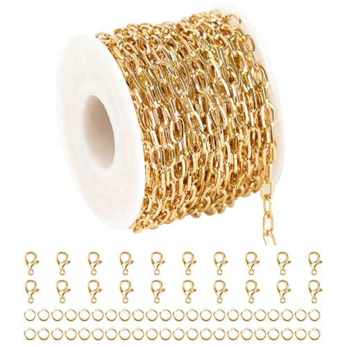 32.8 Feet Thin Paperclip Chains Width 4MM Craft Chain for Necklace Bracelet Earring Making Gold Plated Iron Chain Bulk with Lobster Clasps and Jump Rings Jewelry Making Supplies - color: 7.6x4mm Paperclip