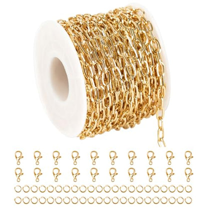 32.8 Feet Thin Paperclip Chains Width 4MM Craft Chain for Necklace Bracelet Earring Making Gold Plated Iron Chain Bulk with Lobster Clasps and Jump Rings Jewelry Making Supplies - color: 7.6x4mm Paperclip