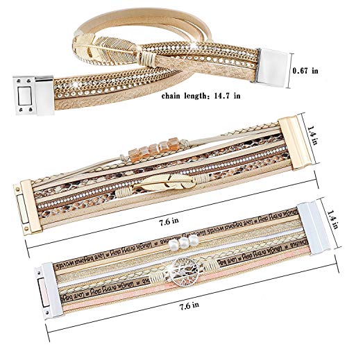 Leather Wrap Bracelet Set 3Pack Wrist Cuff Bracelet for Women Multilayer Magnetic Clasp Bracelet Feather Tree Bead Crystal Bracelet - color: Feather Tree Crystal